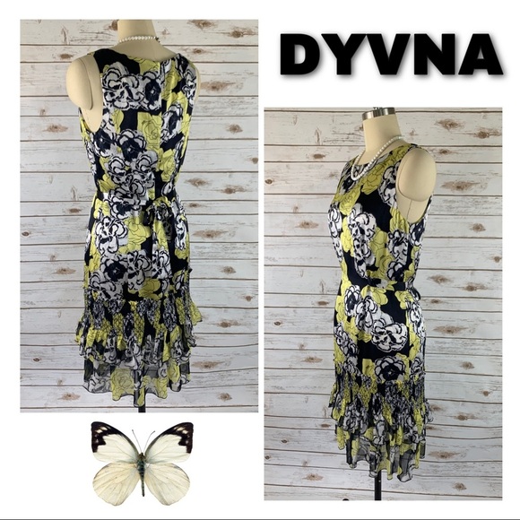 DYVNA Yellow Black Chacha Ruffle Floral Silk Dress - Picture 5 of 10